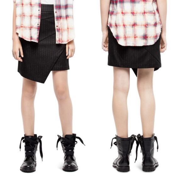 Zadig & Voltaire Just Pinstripe Black Wool Gold Pinstripe Mini Skirt 38 M - Picture 1 of 9